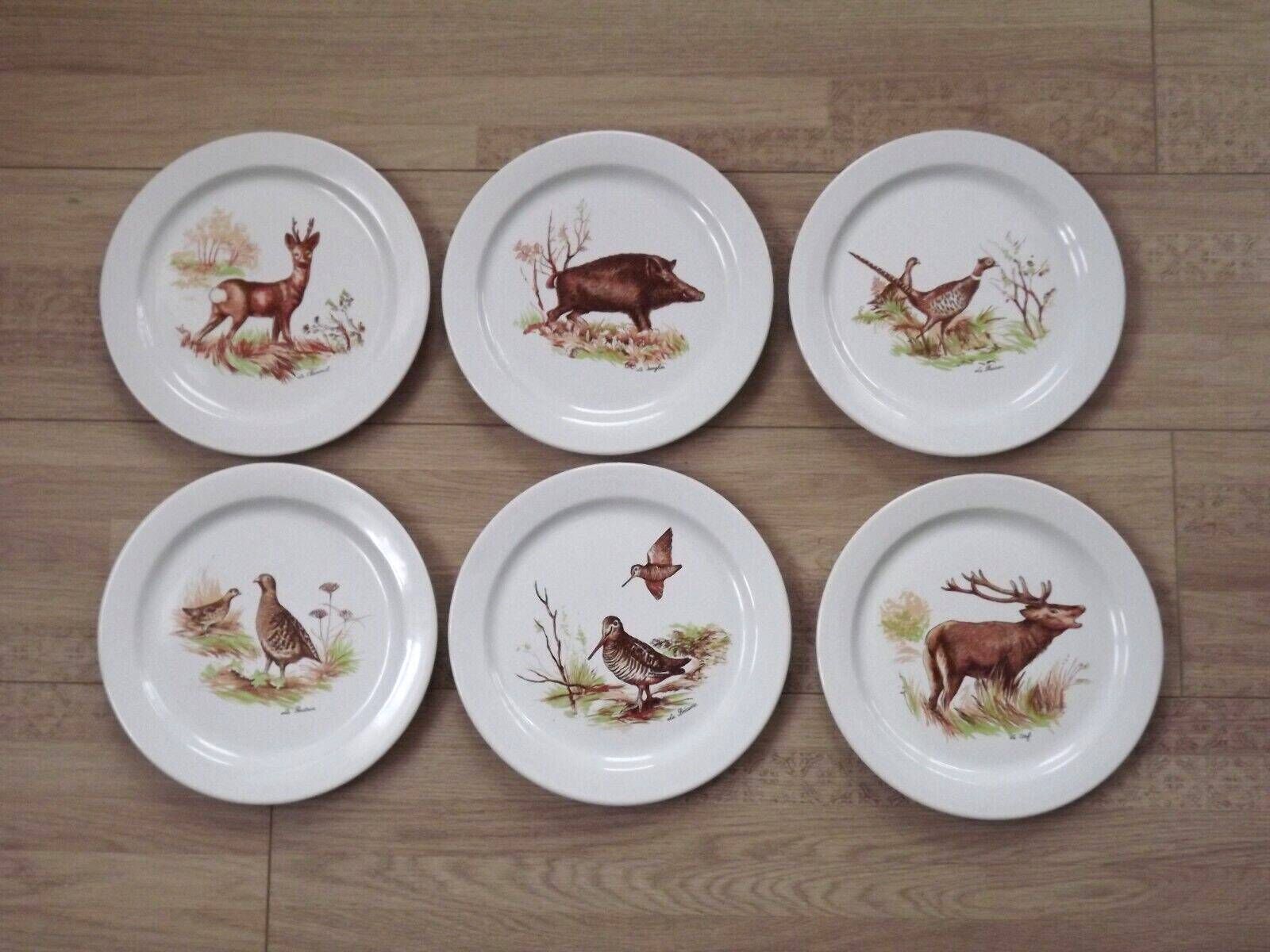Lot de 6 assiettes plates blanches Henkel à motifs d'animaux et d'oiseaux   Vaisselle vintage. Assiettes à motifs d'animaux et d'oiseaux. Assiettes Henkel.