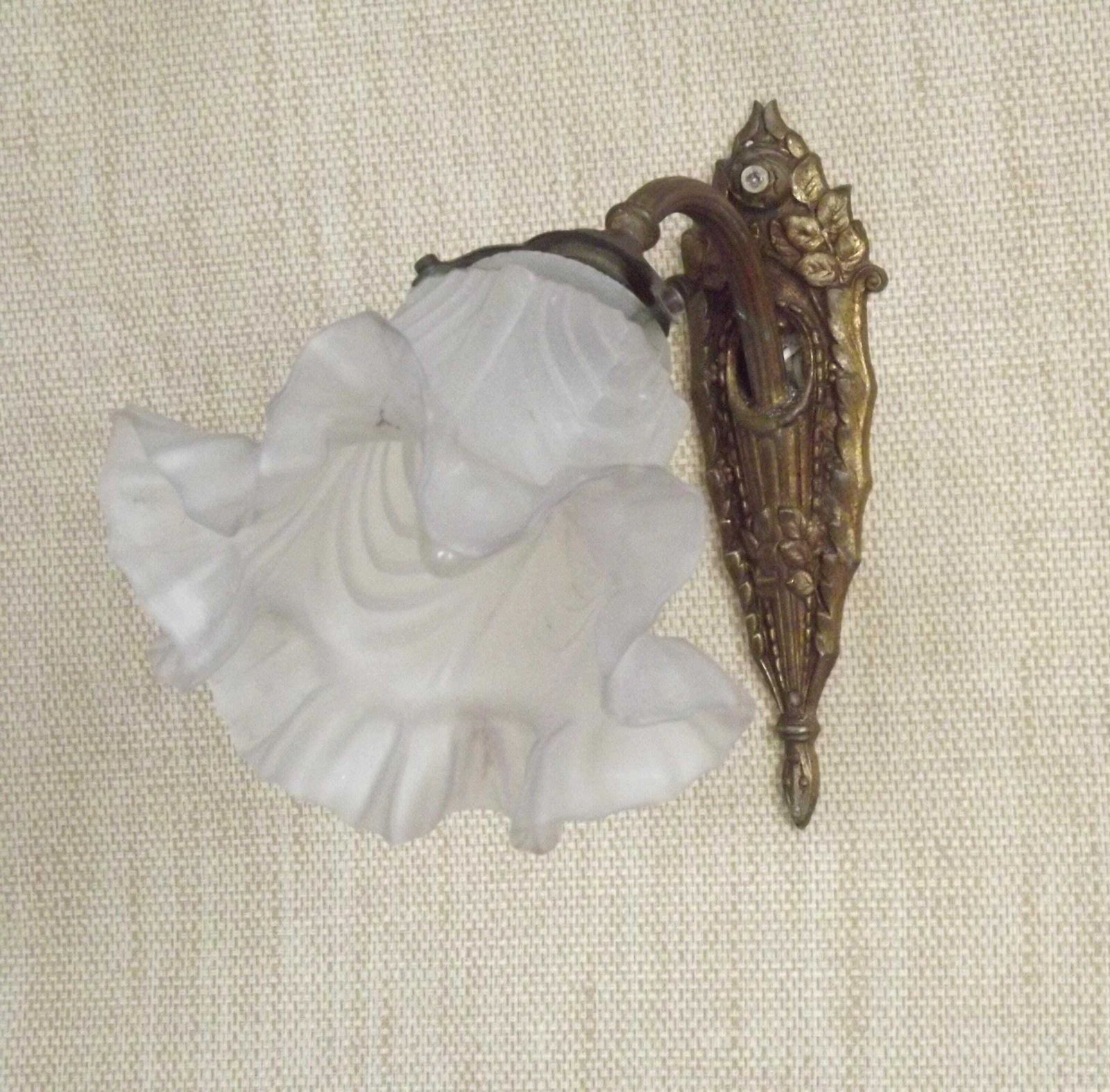Single French Bronze Art Nouveau Wall Light Flower Detail White Glass Shade 6 French Vintage Lighting. Single Wall Light.Frilled Glass Shade
