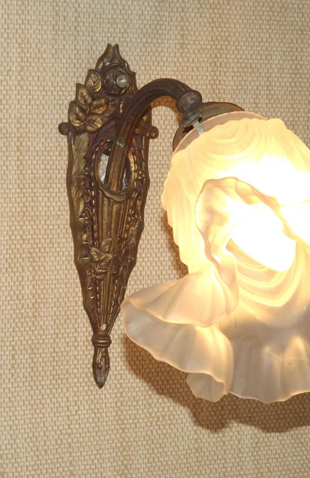 photo for sale Single French Bronze Art Nouveau Wall Light Flower Detail White Glass Shade 6 French Vintage Lighting. Single Wall Light.Frilled Glass Shade