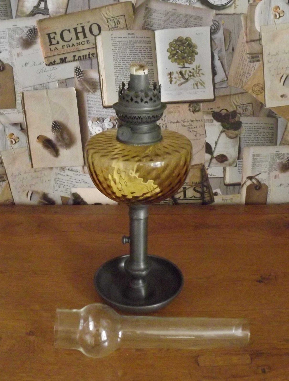 French Antique Oil Lantern Pewter Candle Base Amber Oil Well & Glass Funnel   French Oil Lnatern. Amber Glass Bowl. Upcycled Oil Lnatern. photo for sale