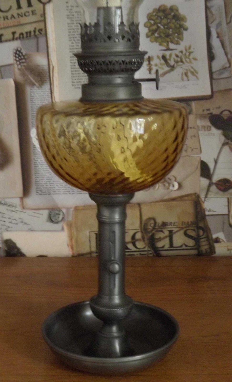 French Antique Oil Lantern Pewter Candle Base Amber Oil Well & Glass Funnel   French Oil Lnatern. Amber Glass Bowl. Upcycled Oil Lnatern. photo Lighting