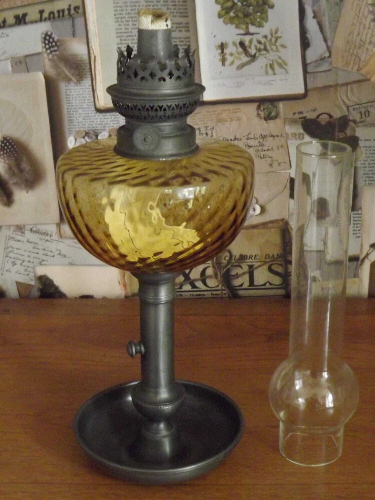 French Antique Oil Lantern Pewter Candle Base Amber Oil Well & Glass Funnel   French Oil Lnatern. Amber Glass Bowl. Upcycled Oil Lnatern. photo buy