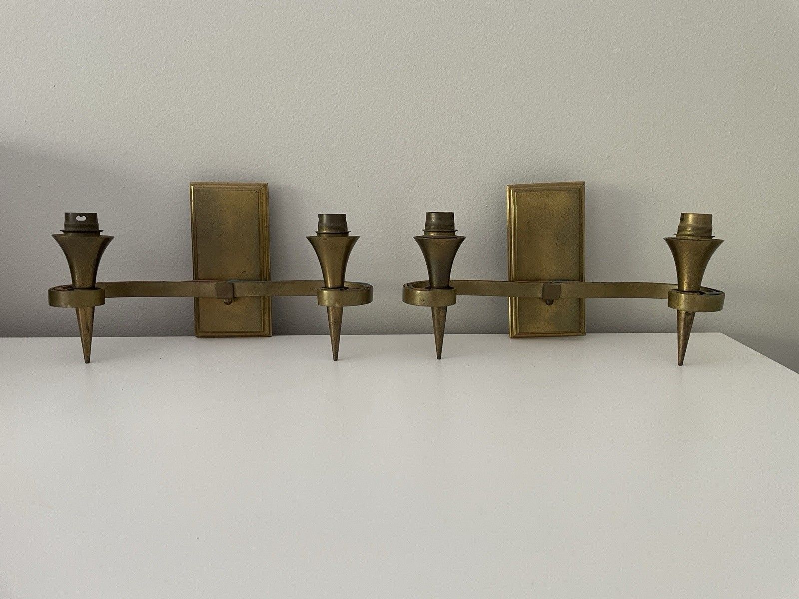 Pair Of French Mid Century Art Deco Style Wall Light Double Arm Sconces Brass photo furniture