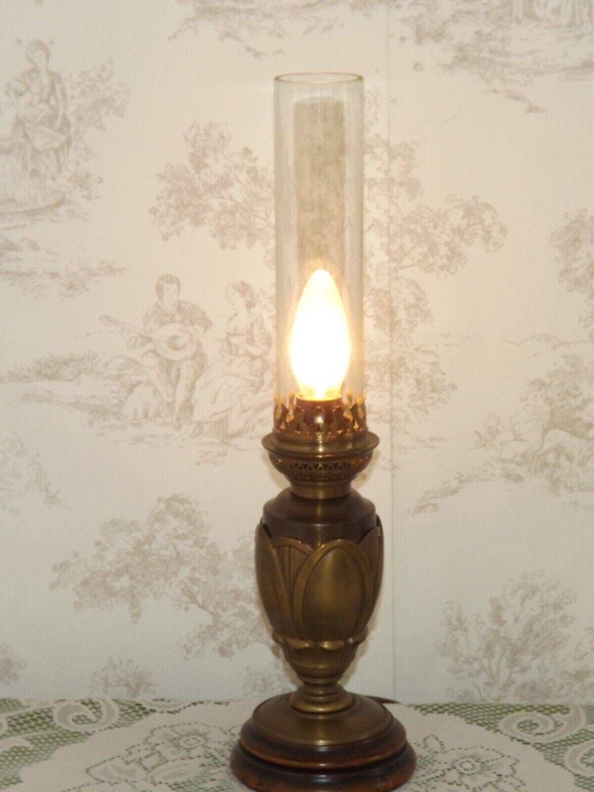 French Vintage Art Nouveau Style Bronze & Wood Table Lamp Clear Glass Funnel Shade   Vintage French Lighting. Table Lamp. Bedside Lamp. photo Lighting