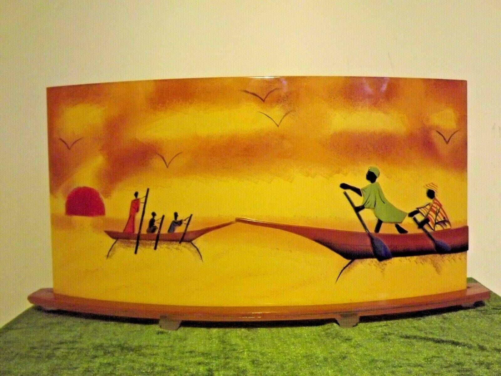 Stunning Vintage French African Style Glass Table Lamp With Dual Lighting  French Table Lamp. African Sunset Scene Curved Glass Lamp photo for sale