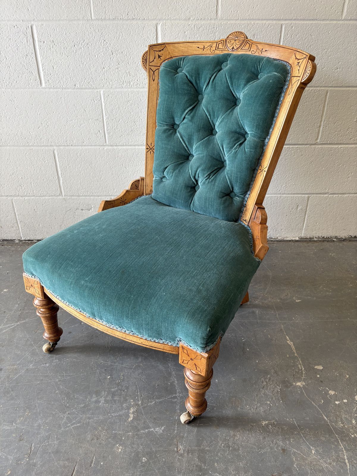 Victorian Buttoned Back Nursing Chair With Carved Detail photo furniture