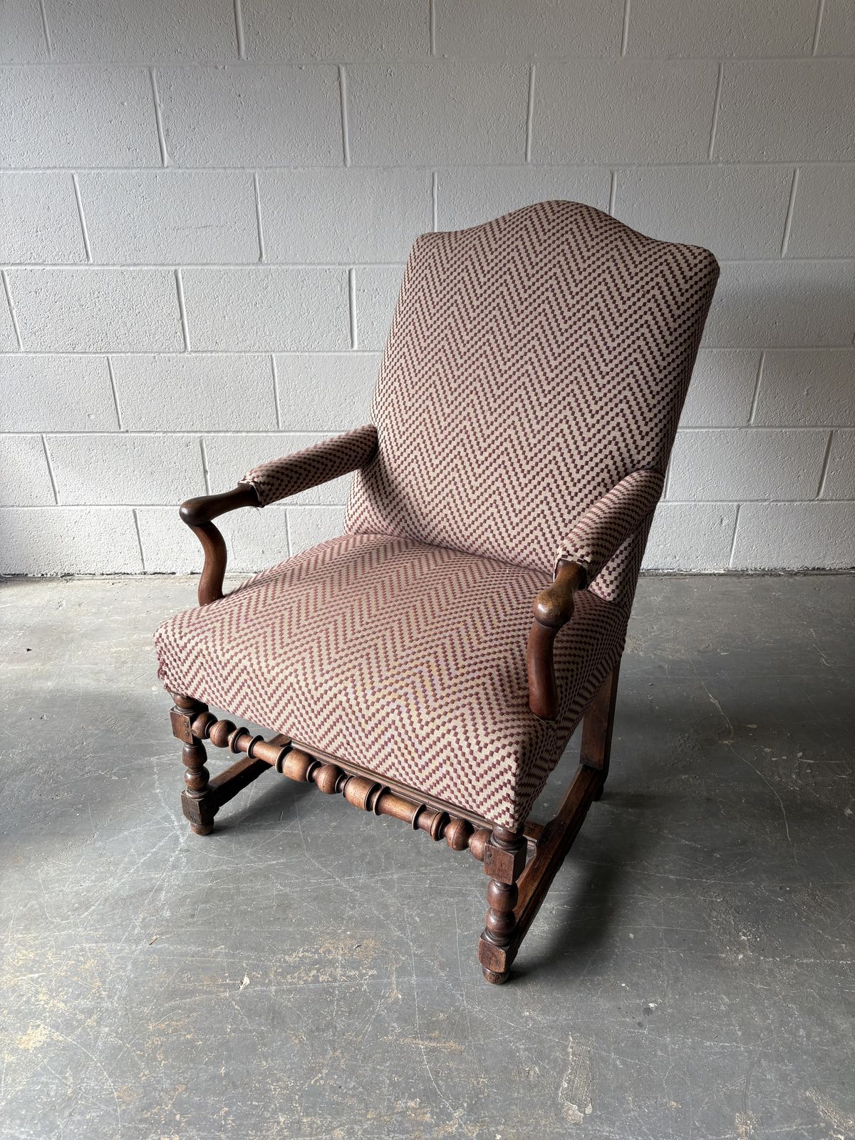 Antique Mahogany Library Chair In Geometic Woven Fabric