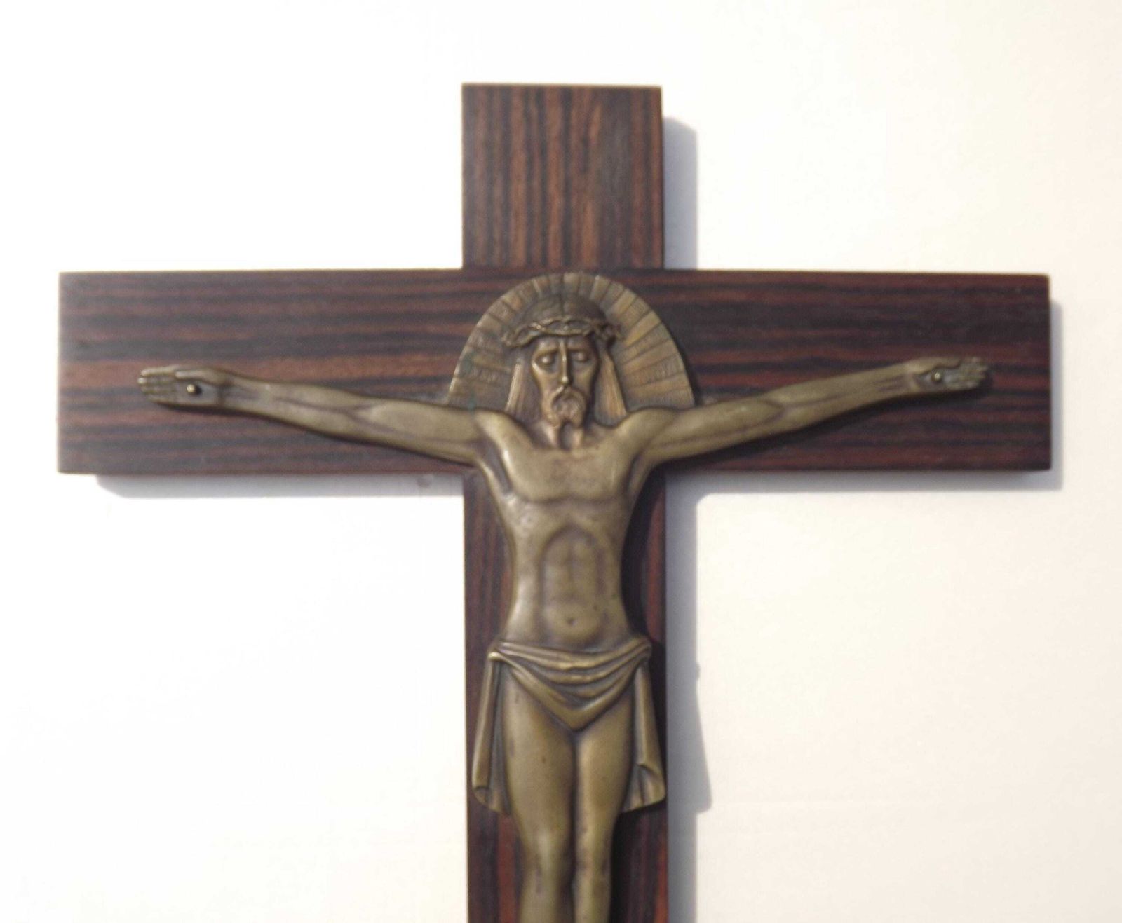 Vintage French Devotional Wooden Wall Cross Stamped Bronze Jesus Figure   French Vintage; Religious Wall Hanging. Vintage Religious Decor.
