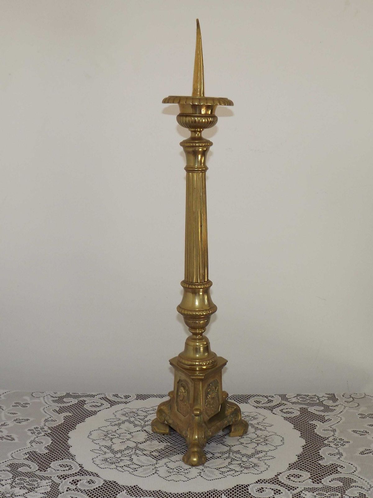 French Antique Brass Church Candle Stand With Lion Feet Base & Religious Motifs   French Antique. Church Candle Stand. Alter Candlestick. photo for sale
