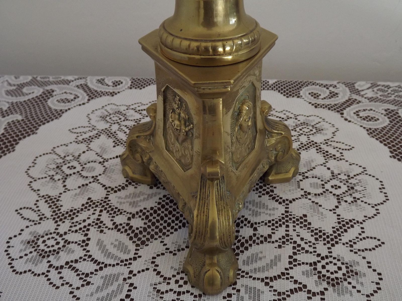 French Antique Brass Church Candle Stand With Lion Feet Base & Religious Motifs   French Antique. Church Candle Stand. Alter Candlestick. photo 137.0