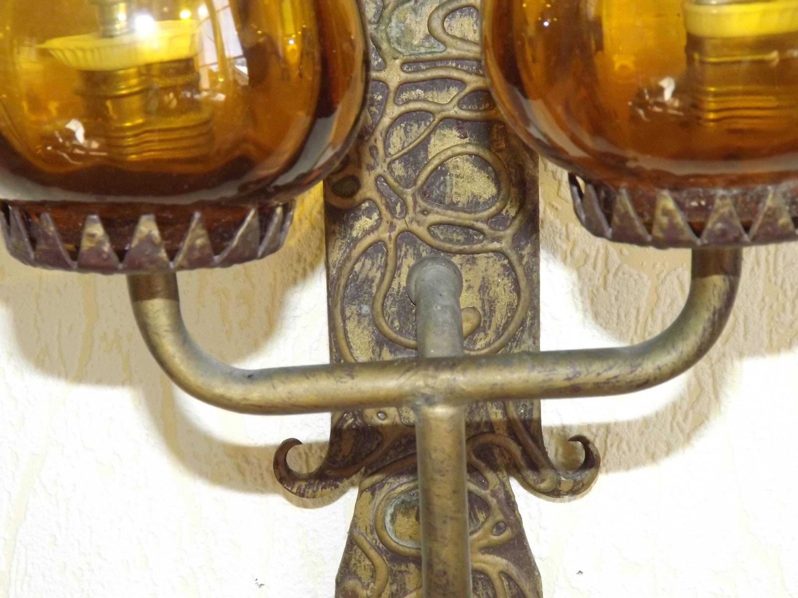 Double Hand Forged Wrought Iron Medieval Style Wall Light Amber Glass Shades   French Vintage Lighting. Double Wrought Iron Wall Sconce. photo vinterior