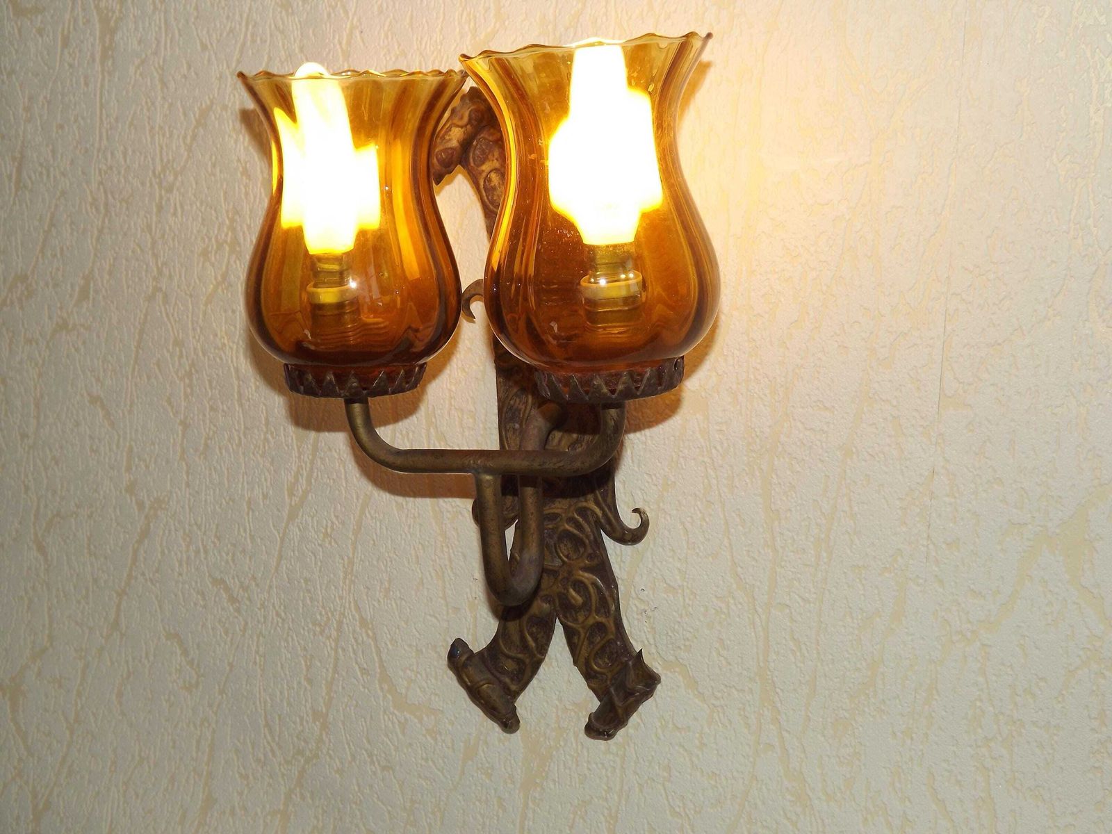 photo furniture Double Hand Forged Wrought Iron Medieval Style Wall Light Amber Glass Shades   French Vintage Lighting. Double Wrought Iron Wall Sconce.
