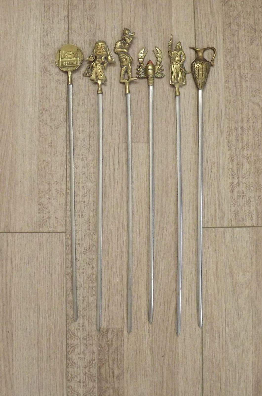 Set Of 6 Turkish Decorative Brass And Inox Kebab Skewers/ Barbecue Skewers.Assorted Design Barbecure Skewers. Meat Skewers. Cooking Utensils photo for sale
