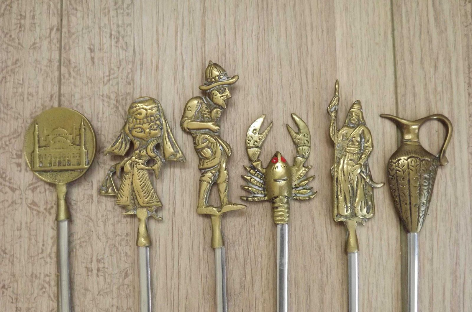 photo for sale Set Of 6 Turkish Decorative Brass And Inox Kebab Skewers/ Barbecue Skewers.Assorted Design Barbecure Skewers. Meat Skewers. Cooking Utensils