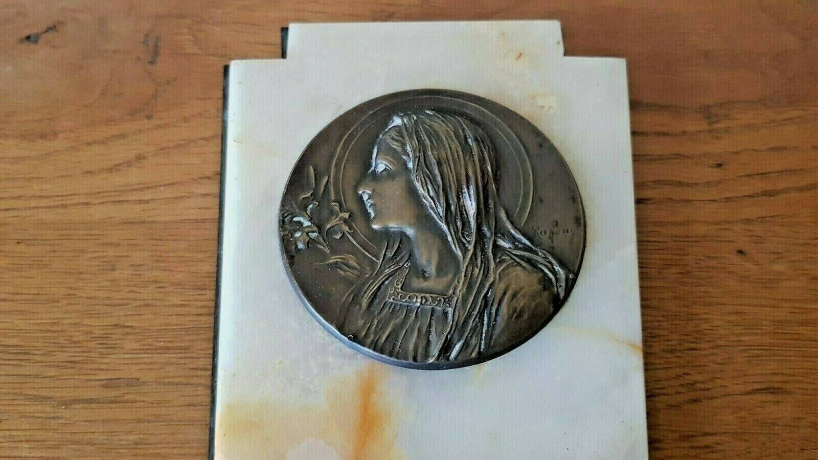 French Art Deco Marble Holy Water Font Bronze Mary Plaque Signed Ruffony   French Antique. Religious Water Font. Wall Hanging Water Font. photo Art