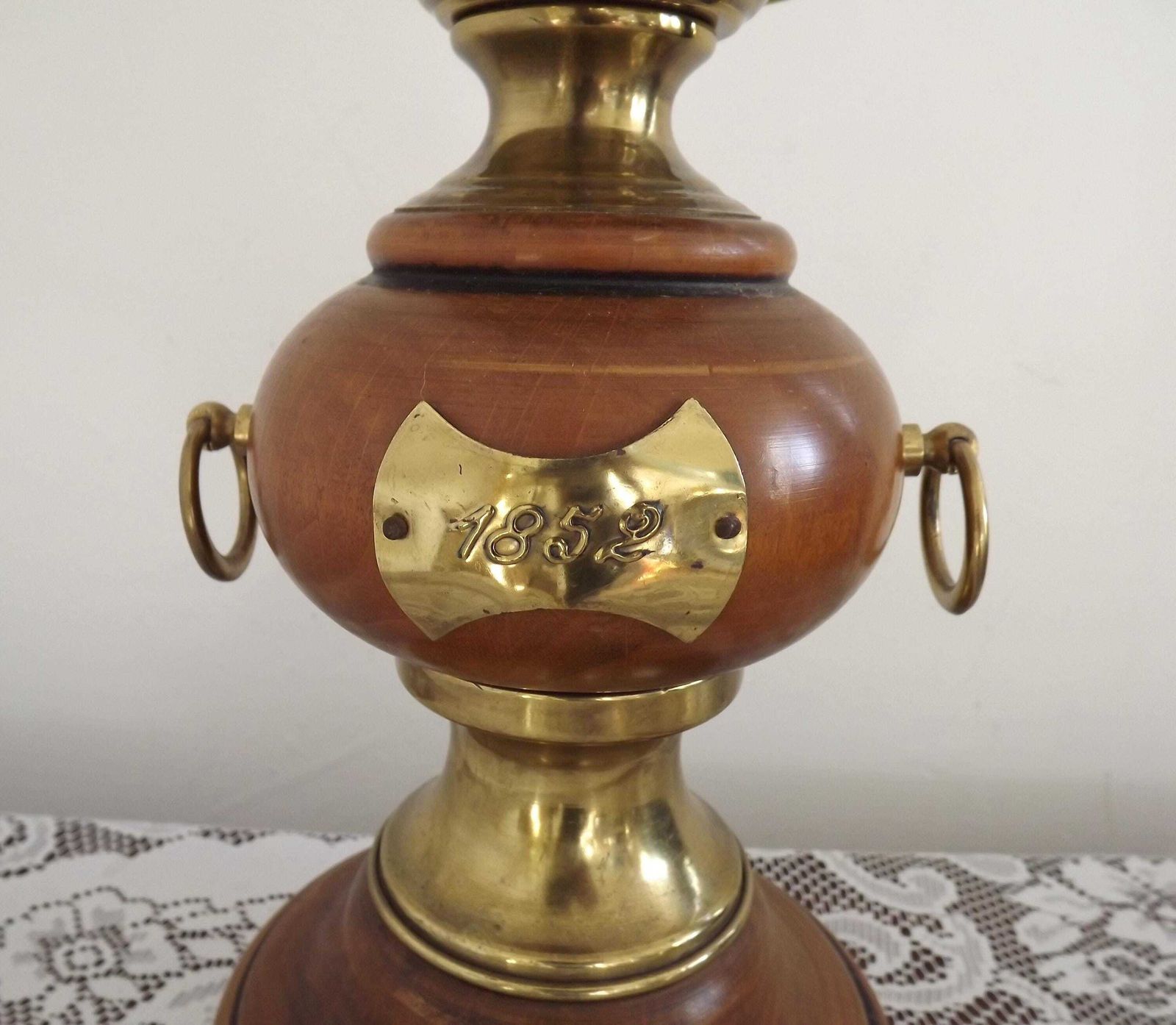 French Mid Century Round Turned Wood Lamp Base With Gold 1852 Tag & Handles   French Vintage Lighting. Wooden Lamp Base. Nautical Theme photo vinterior