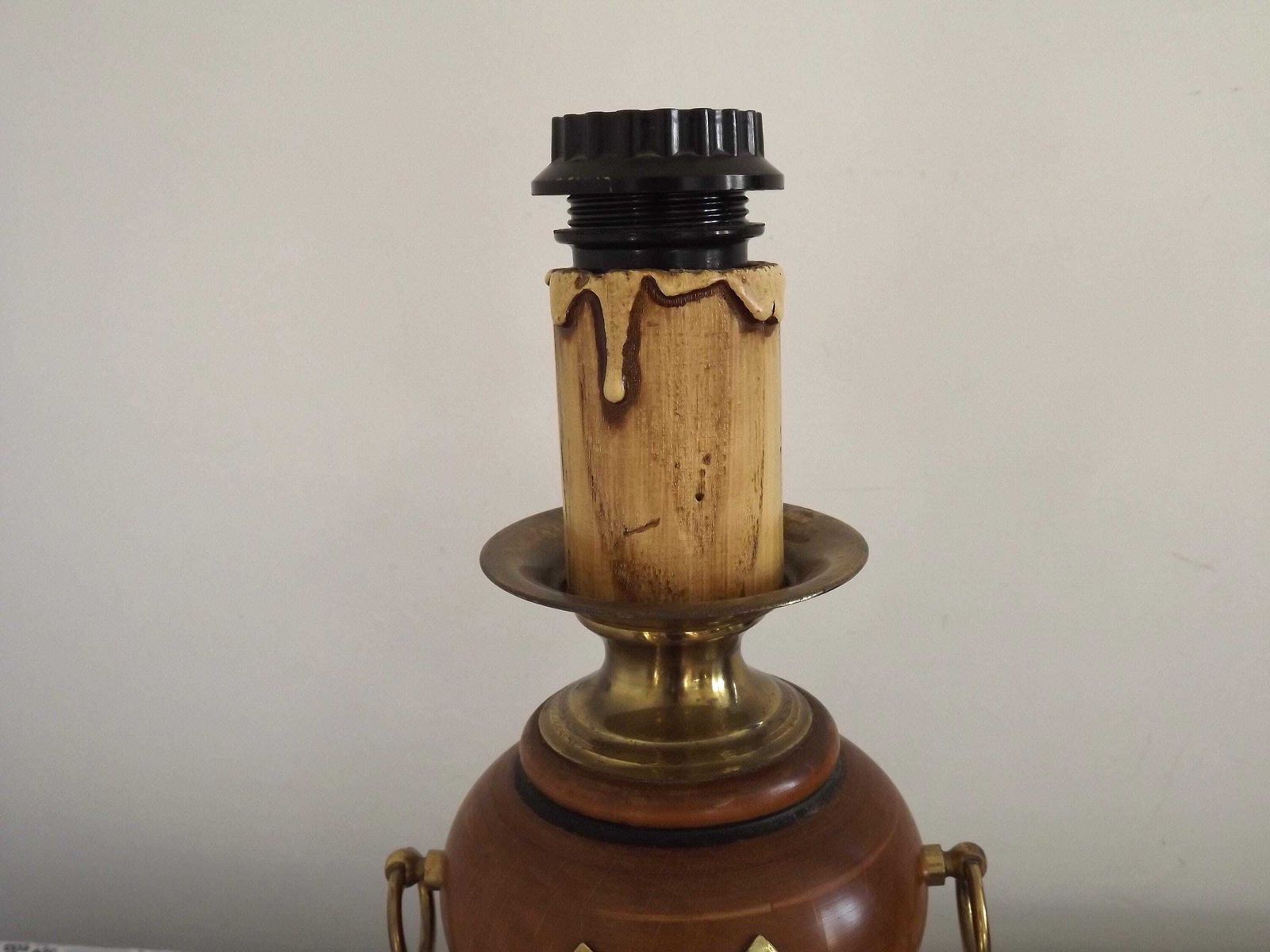 French Mid Century Round Turned Wood Lamp Base With Gold 1852 Tag & Handles   French Vintage Lighting. Wooden Lamp Base. Nautical Theme photo buy