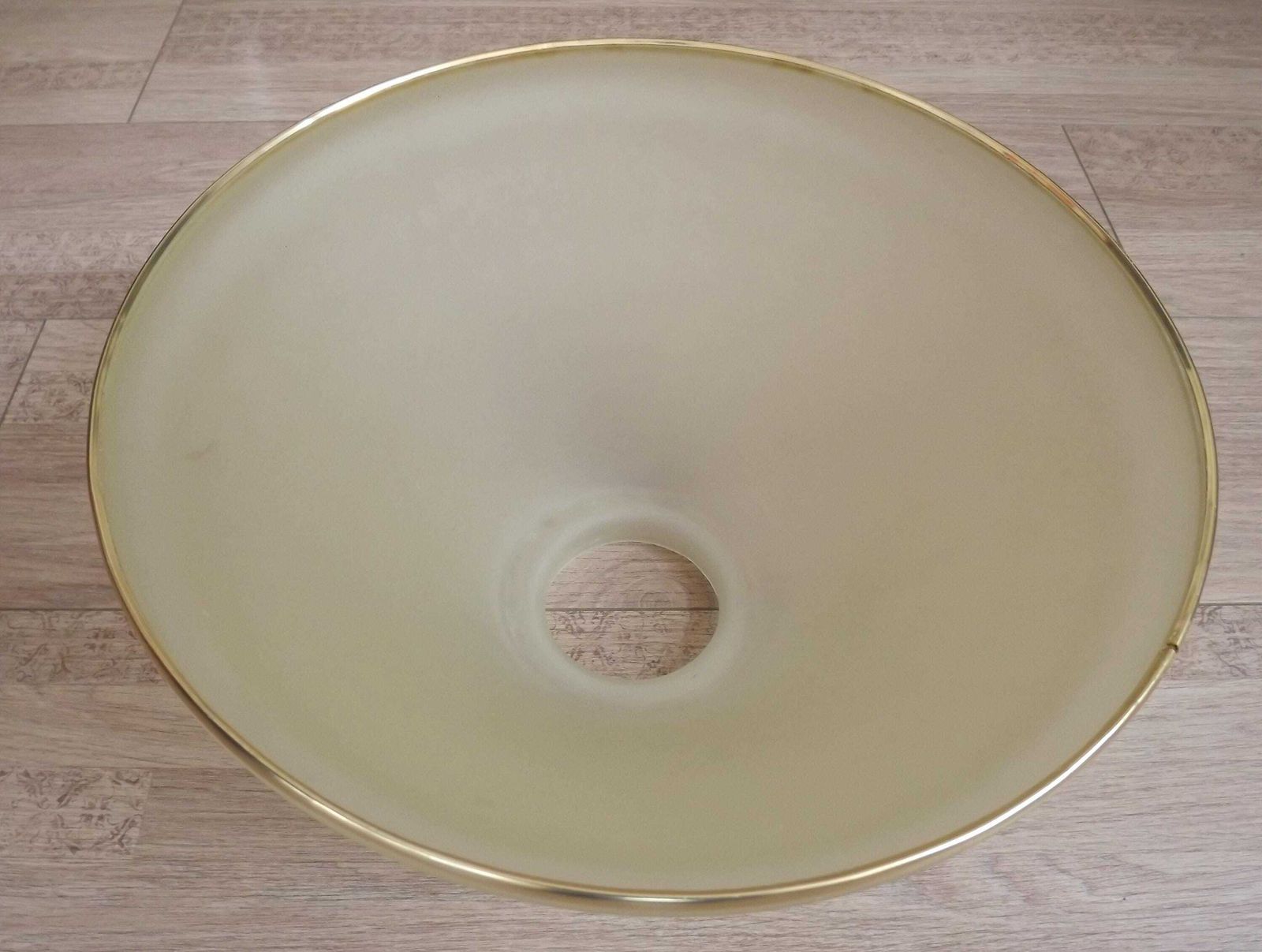 photo for sale French Mid Century Coloured Glass Hanging Shade With Gold Metal Rim   Vintage French Lighting. Hanging Ceiling Light . Yellow Tinge Shade.