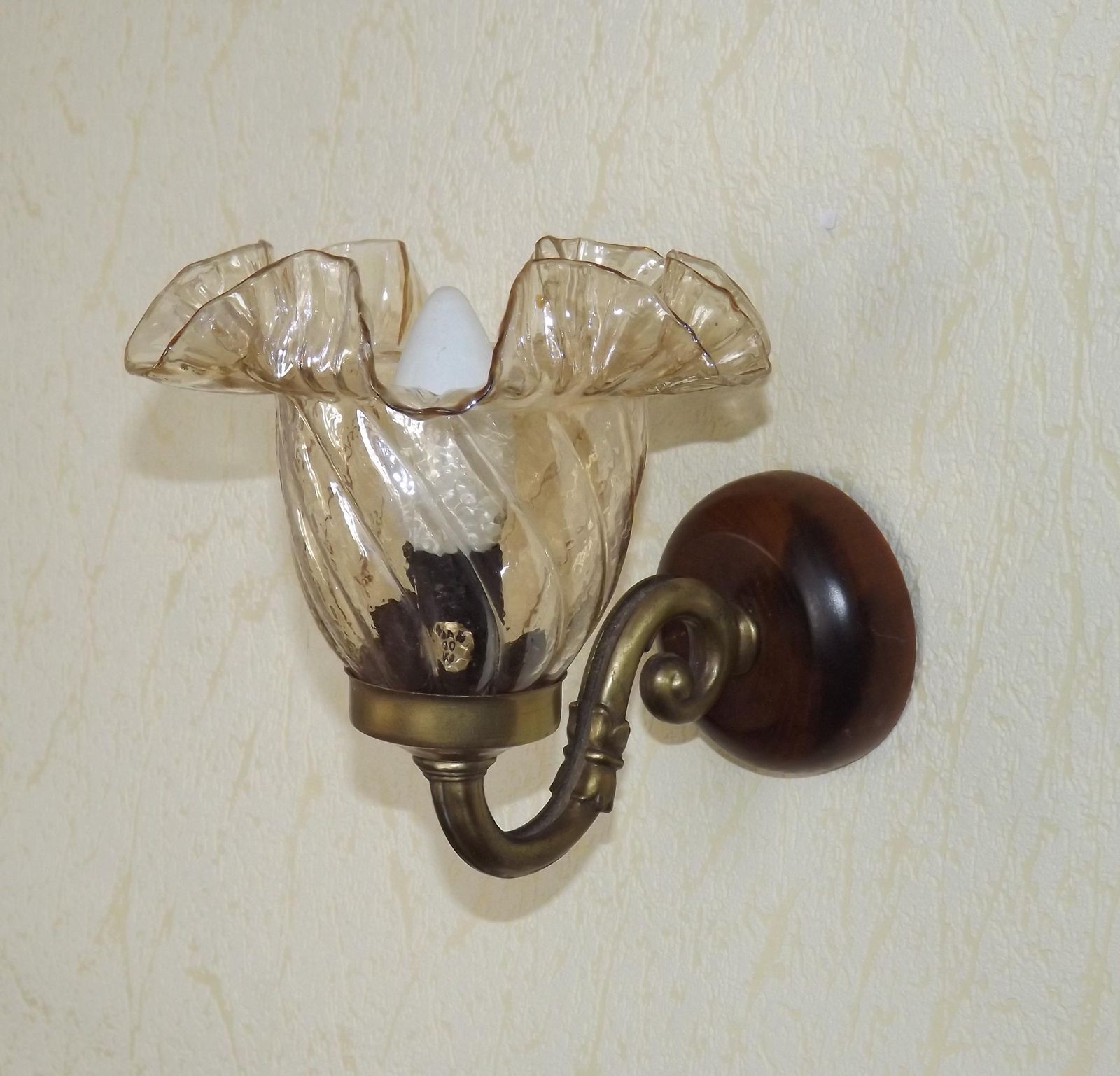 French Vintage Wood & Bronze Effect Metal Up Light Wall Light With Frilled Amber Glass Shade. French Vintage Lighting. Vintage Wall Scnce. photo furniture