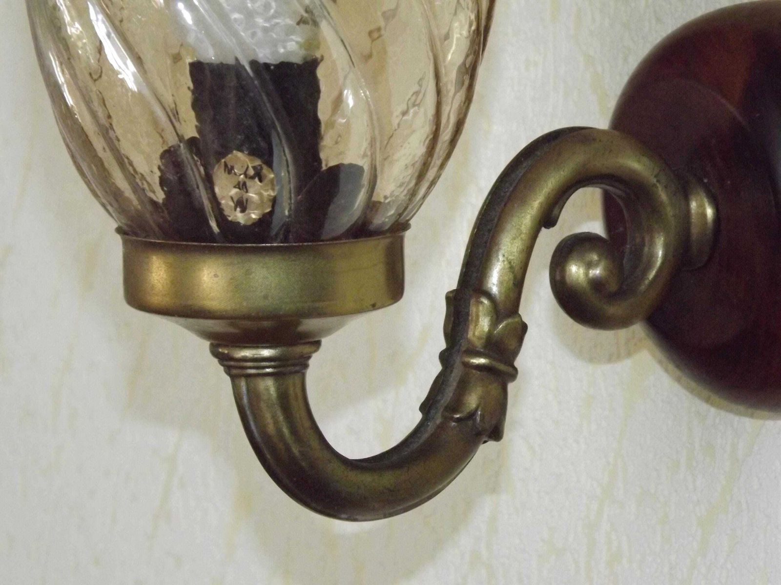 French Vintage Wood & Bronze Effect Metal Up Light Wall Light With Frilled Amber Glass Shade. French Vintage Lighting. Vintage Wall Scnce. photo vinterior