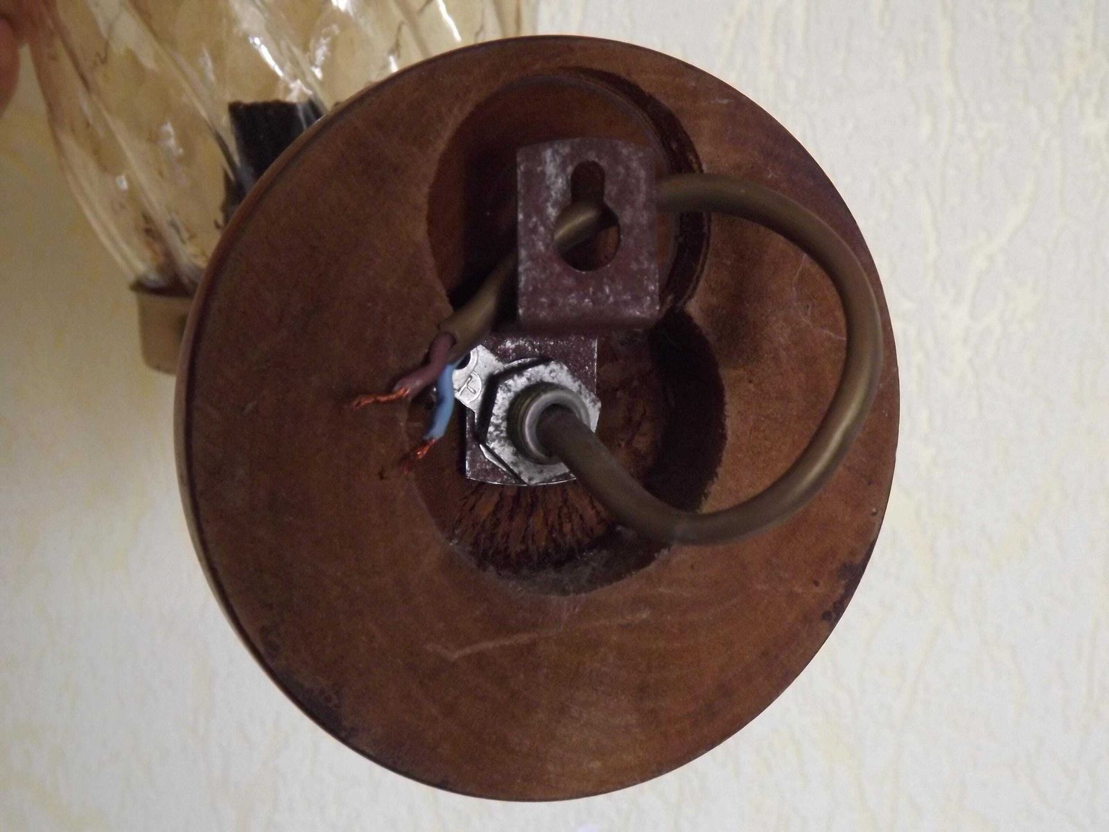 photo for sale French Vintage Wood & Bronze Effect Metal Up Light Wall Light With Frilled Amber Glass Shade. French Vintage Lighting. Vintage Wall Scnce.