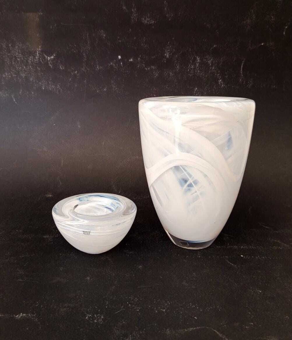 Kosta Boda Sweden Pair Of Glass Bowl Ashtray + Vase White Swirl Vintage