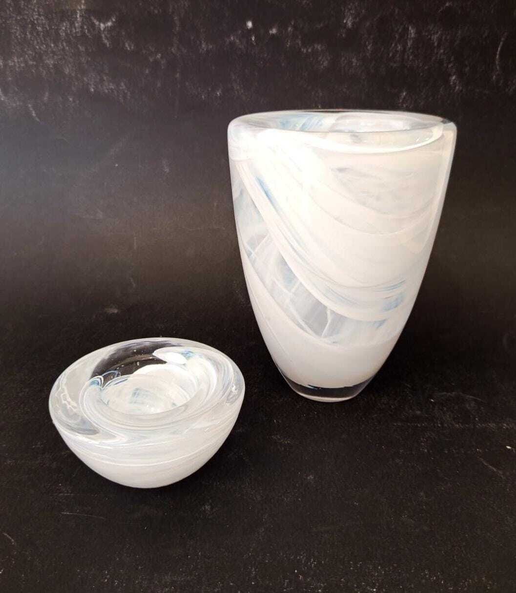 Kosta Boda Sweden Pair Of Glass Bowl Ashtray + Vase White Swirl Vintage photo furniture