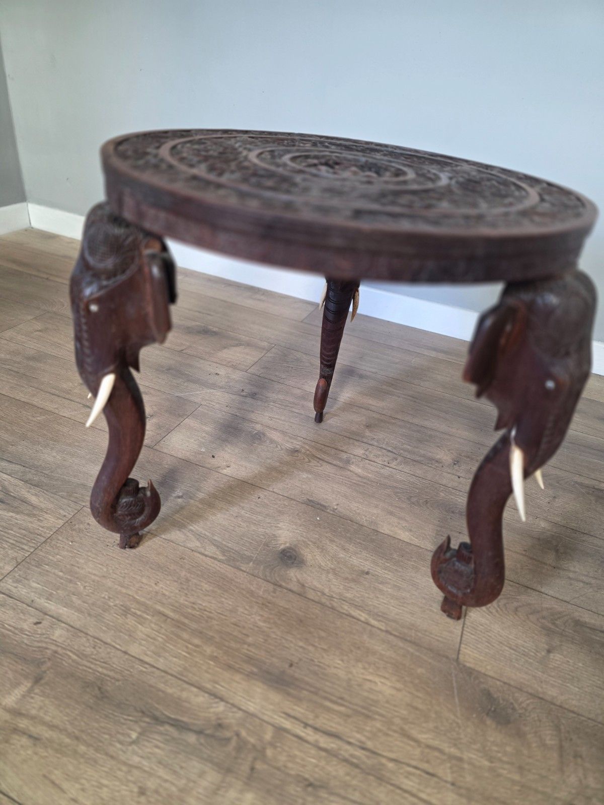 photo for sale Antique Early 20th Century Bermese Carved Elephant Occasional Sidetable