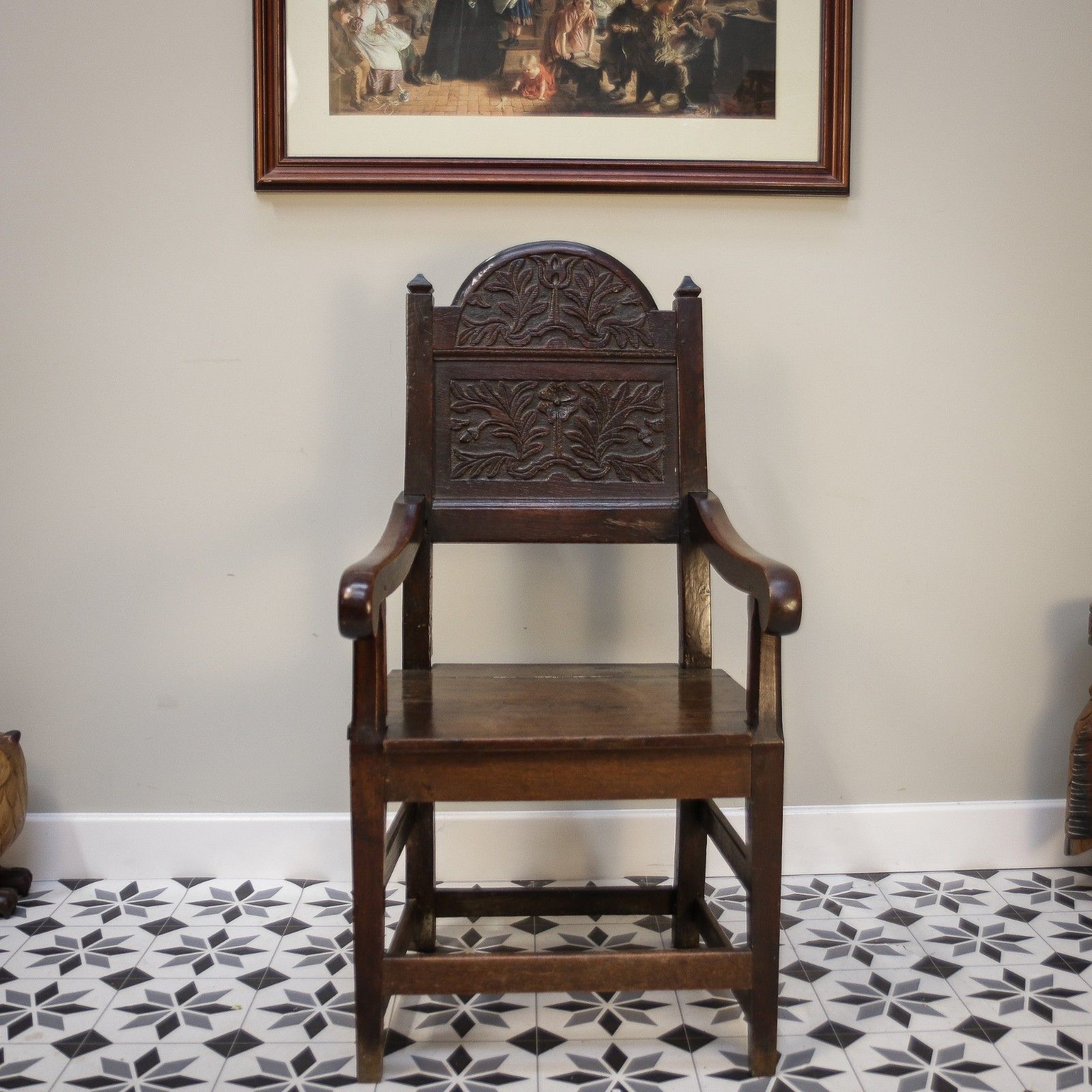 Wainscot Chair Oak 18th Century Hand Carved Back photo buy
