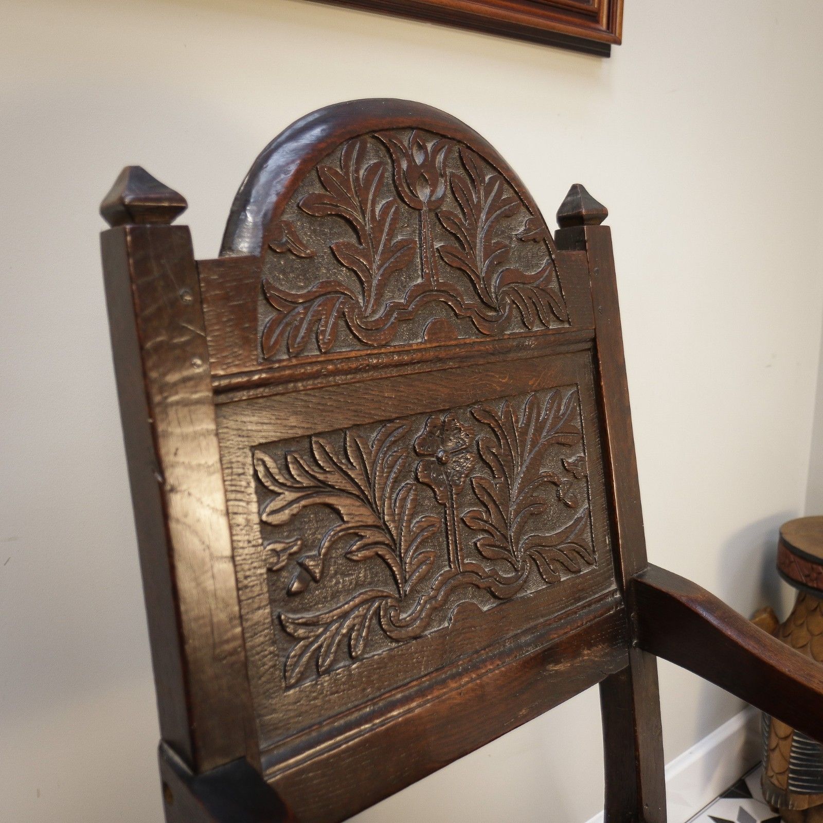 Furniture Wainscot Chair Oak 18th Century Hand Carved Back photo