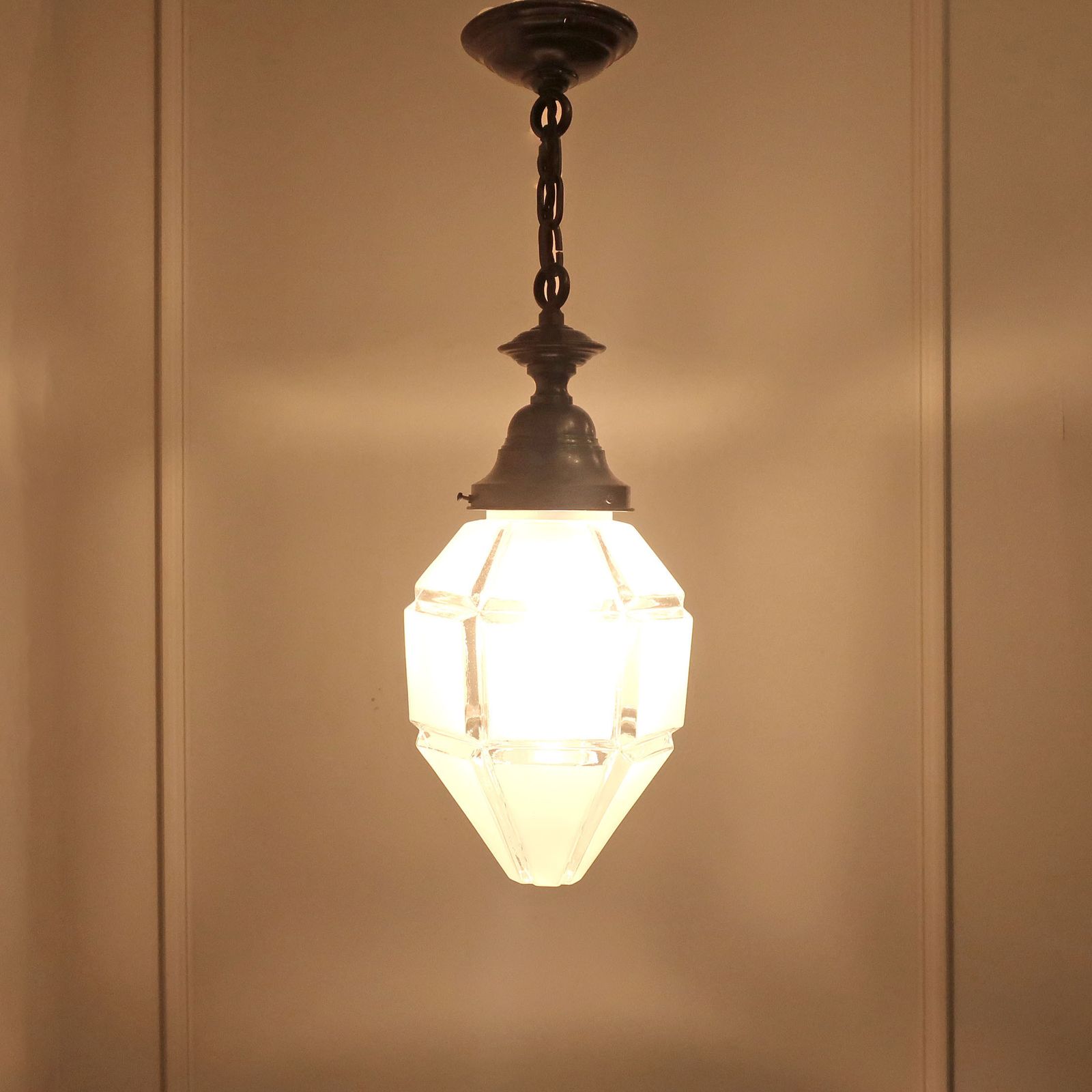 Art Deco Frosted Glass Hexagonal Pendant Light photo for sale