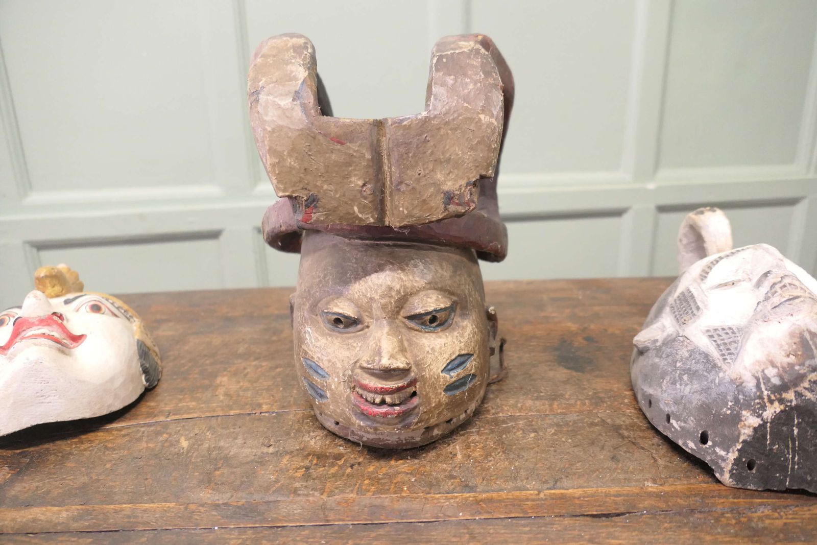 3 Carved Wooden Ceremonial Masks From Nigeria, Africa And Indonesia photo Home Decor