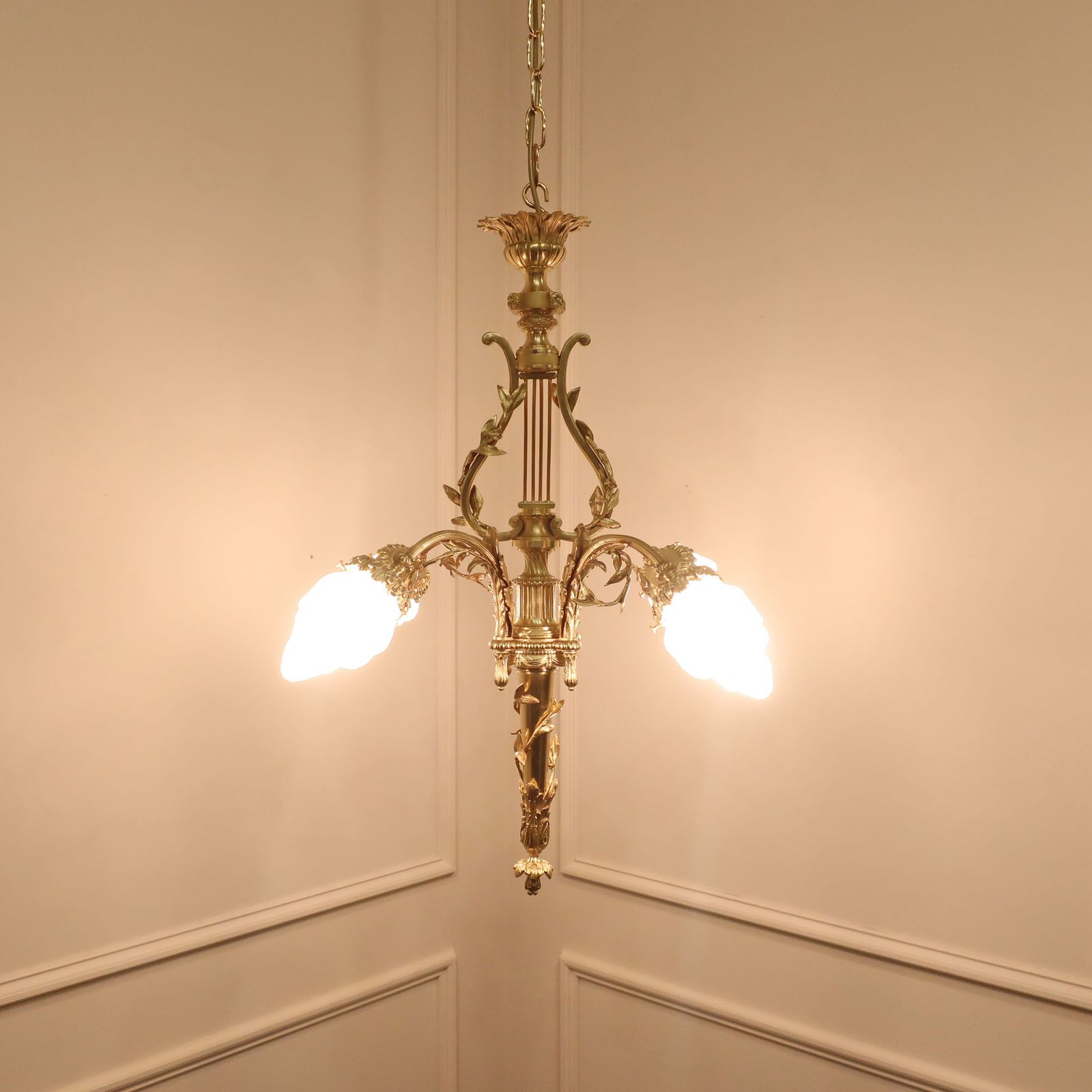 French Neoclassical Style Gilt Bronze Lyre Chandelier photo furniture
