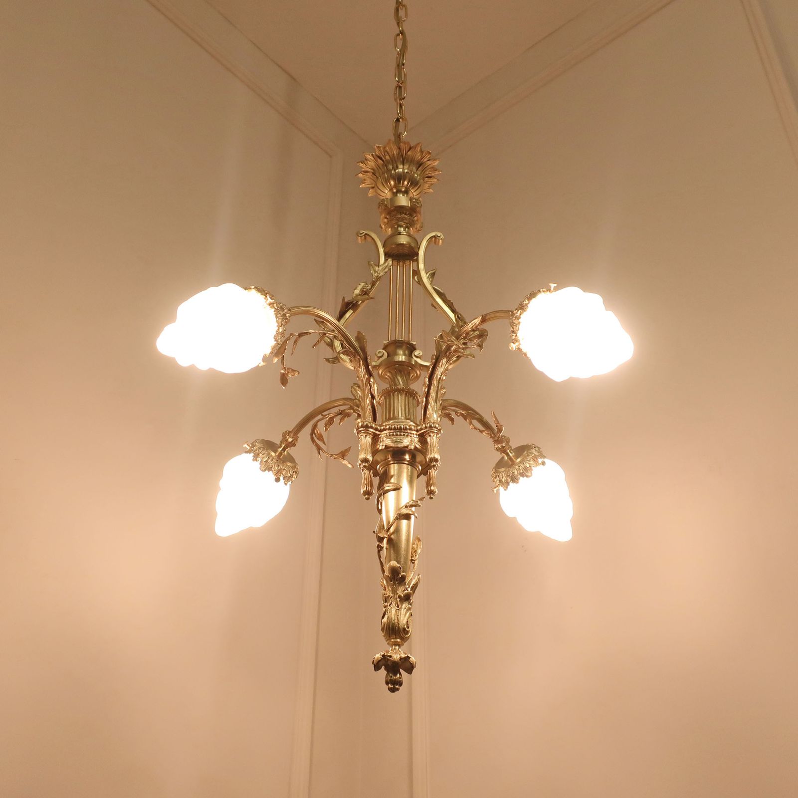 French Neoclassical Style Gilt Bronze Lyre Chandelier photo Lighting