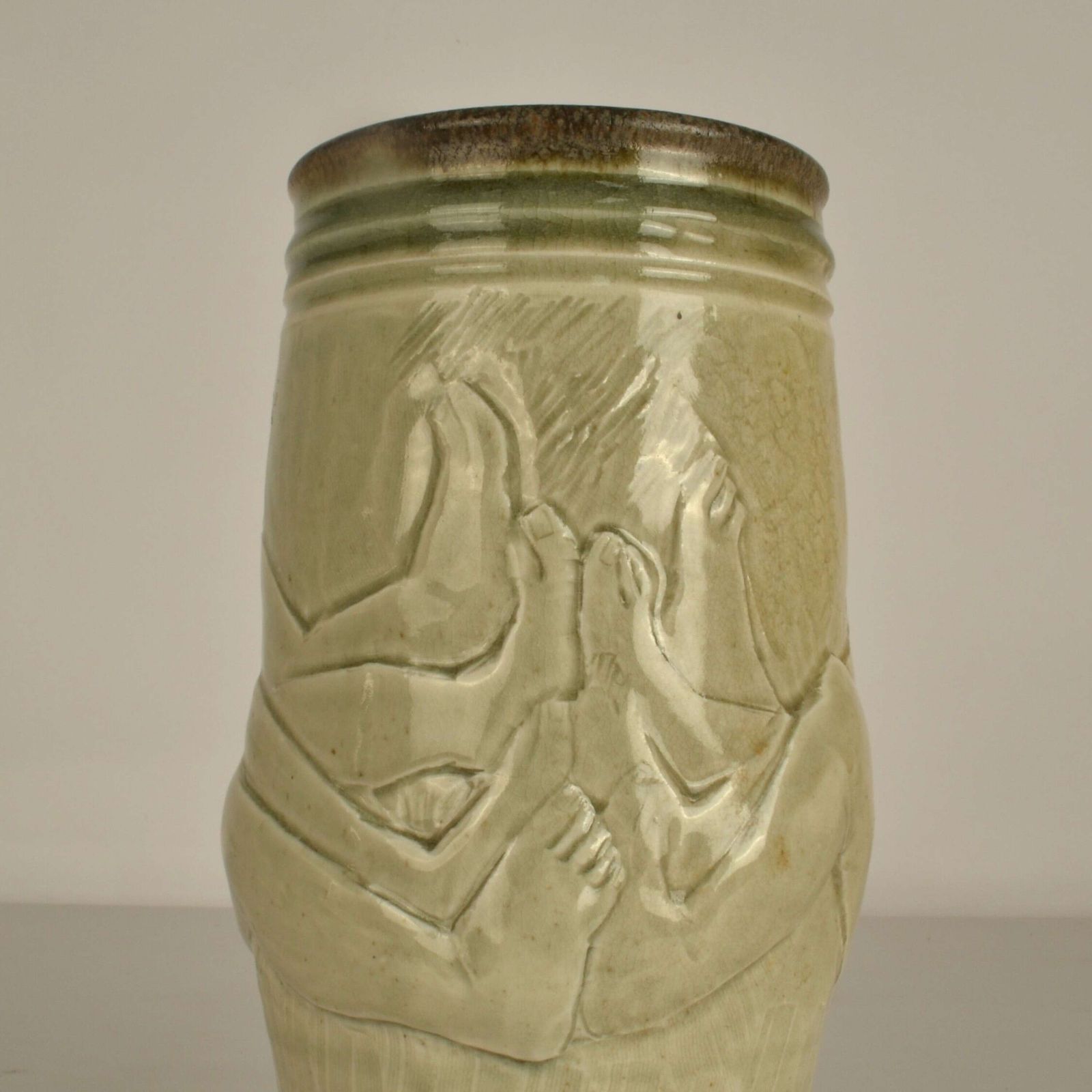 Figurative Ceramic Vase By Arnaud Lang With Bas Relief Of Men photo buy