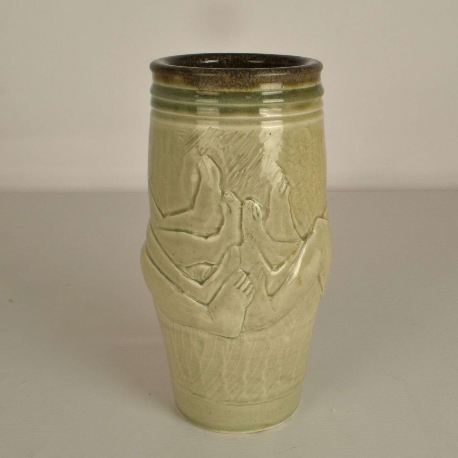 Figurative Ceramic Vase By Arnaud Lang With Bas Relief Of Men photo vintage
