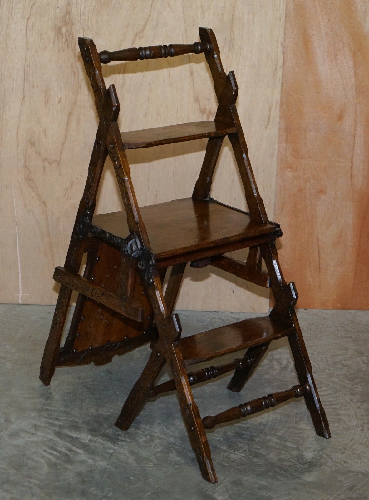 Furniture Ornately Carved Victorian 1880 English Oak Library Steps Metamorphic Chair photo