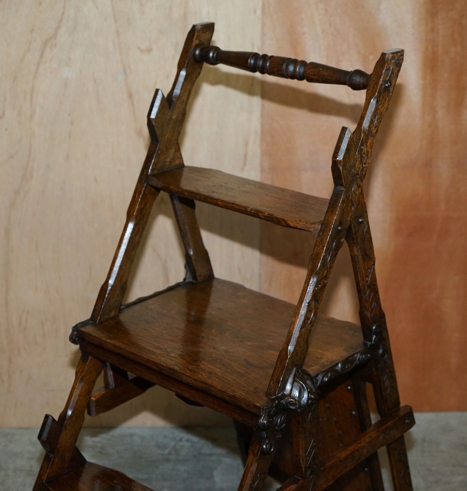 1500.0 Ornately Carved Victorian 1880 English Oak Library Steps Metamorphic Chair photo