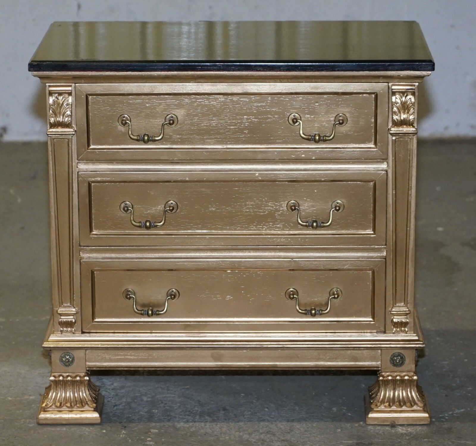 photo for sale Pair Of Gold Over Silver Leaf Painted Bedside Table Sized Chests Of Drawers