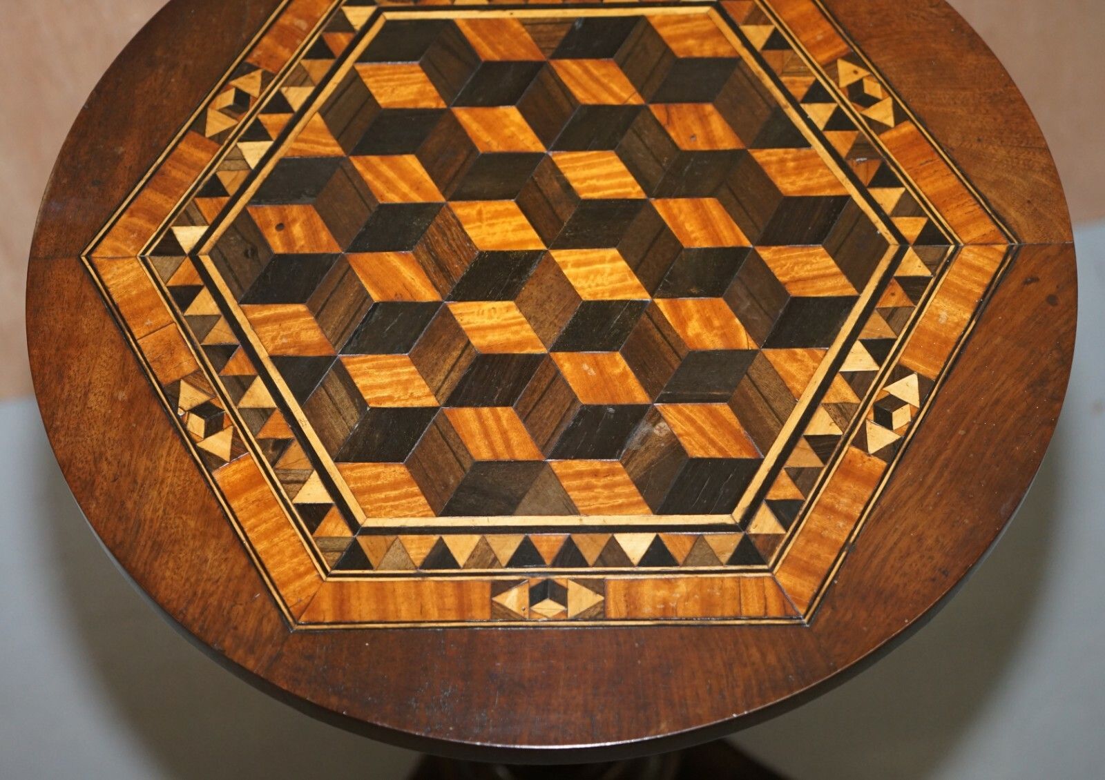 Rare Victorian Mahogany Occasional Table, Geometric Parquetry Inlaid Wood Top photo 1500.0