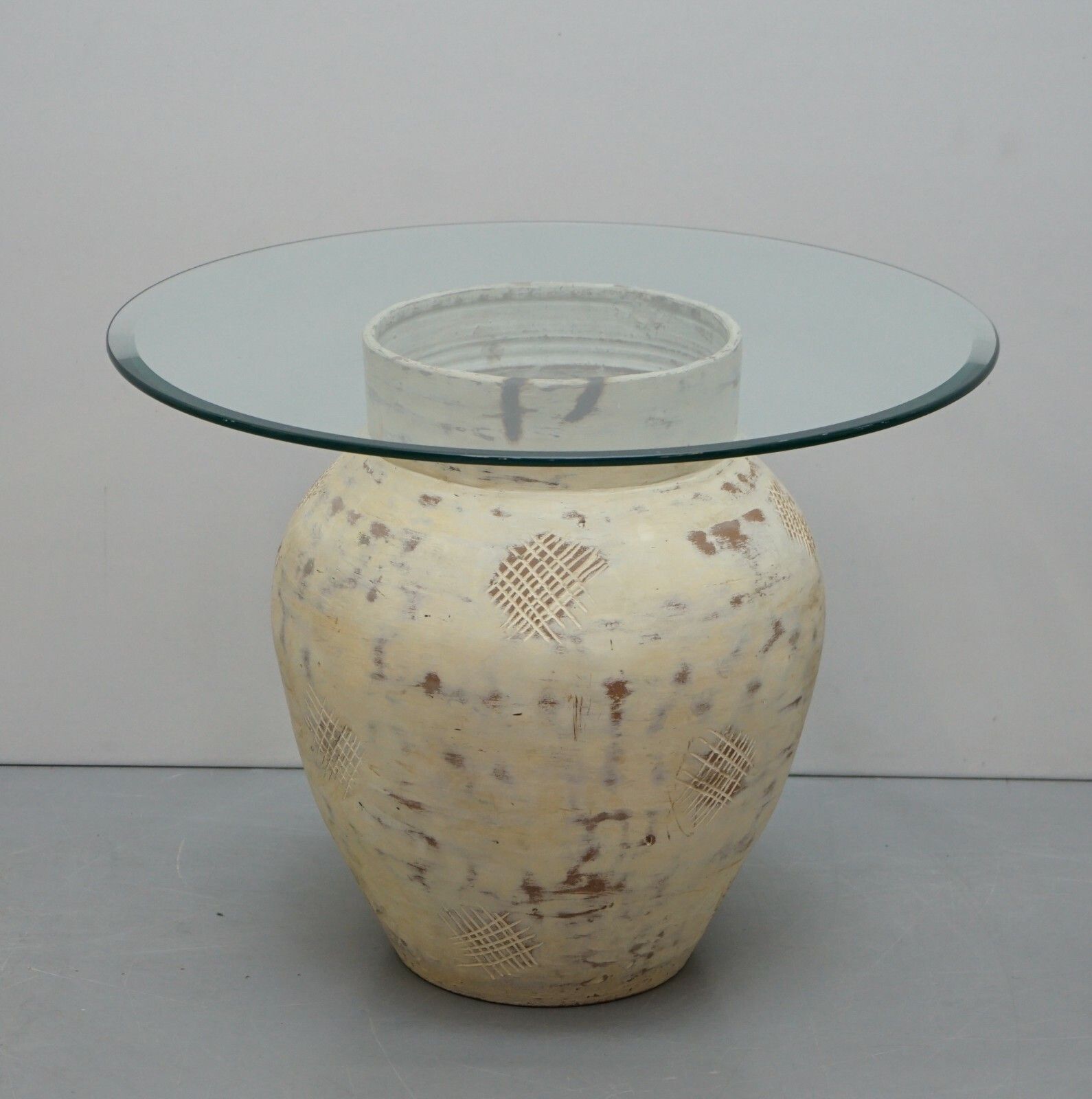 Pair Of Pottery Urn Pots, Large Thick Bevelled Glass Tops Side End Lamp Tables photo furniture