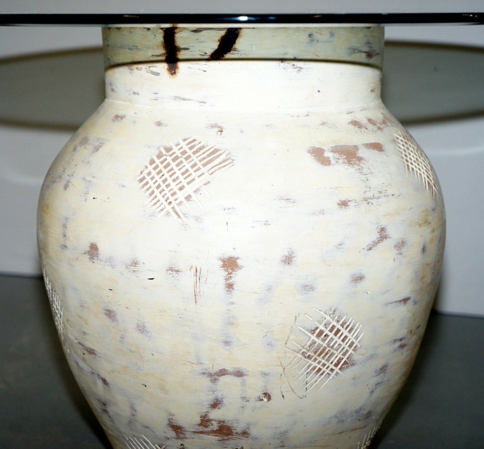 photo furniture Pair Of Pottery Urn Pots, Large Thick Bevelled Glass Tops Side End Lamp Tables