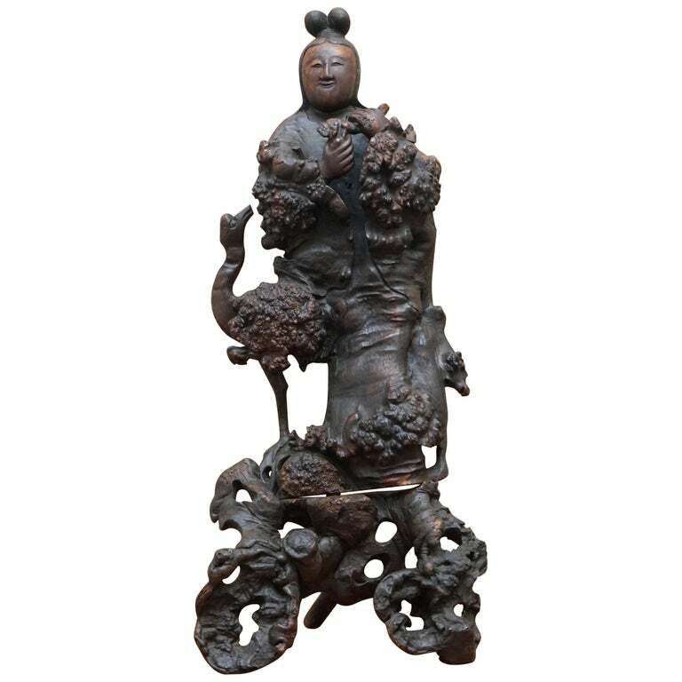 Antique Circa 1880 Chinese Root Wood Carving Of Buddah As Wiseman Very Detailed