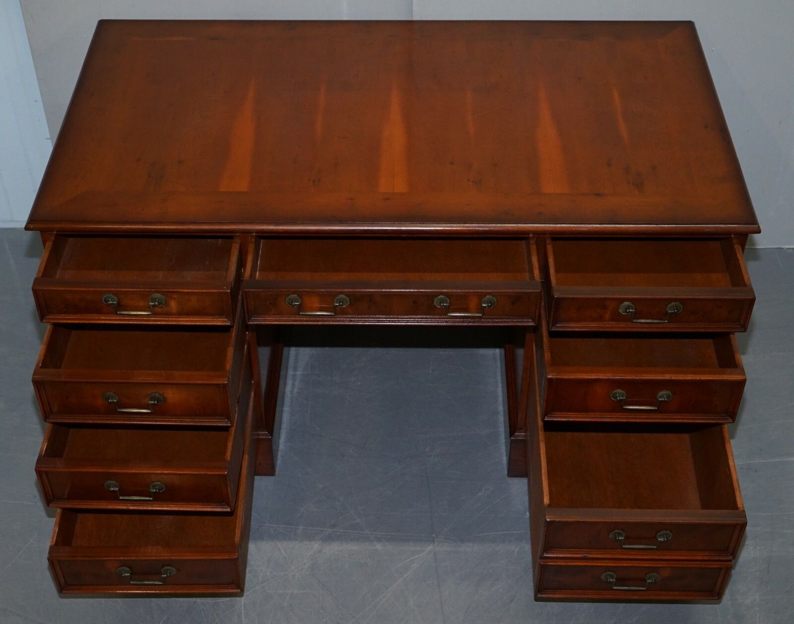 1500.0 Lovely Burr Yew Wood Twin Pedestal Partner Desk With Complete Ornate Timber Top photo