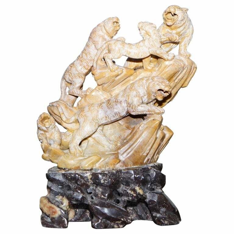 Rare Large Chinese Export Circa 1900 Shoushan Stone Sculpture Of Mountain Lions
