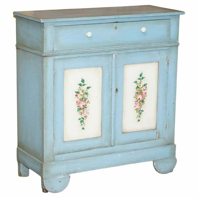 Antique Circa 1880 French Hand Painted Duck Blue Pine Kitchen Sideboard Buffet