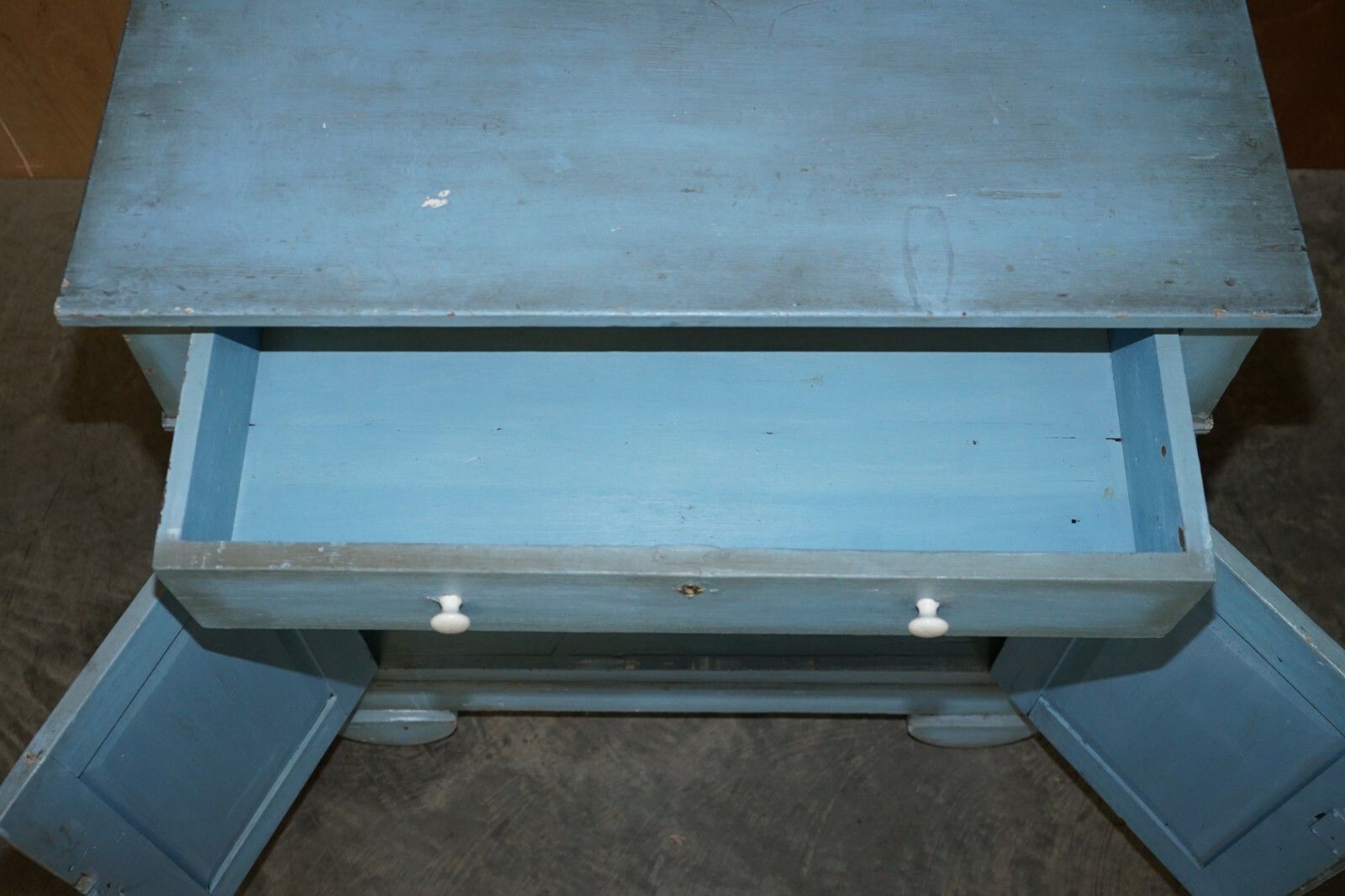 Furniture Antique Circa 1880 French Hand Painted Duck Blue Pine Kitchen Sideboard Buffet photo