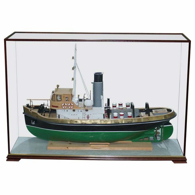 Large Model Ship Of The Anteo Tugboat In Mahogany Frame Glass Exhibition Case
