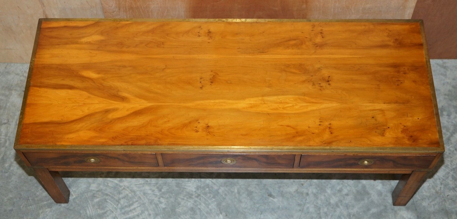 Lovely Restored Burr Walnut & Brass Military Campaign Three Drawer Coffee Table photo for sale
