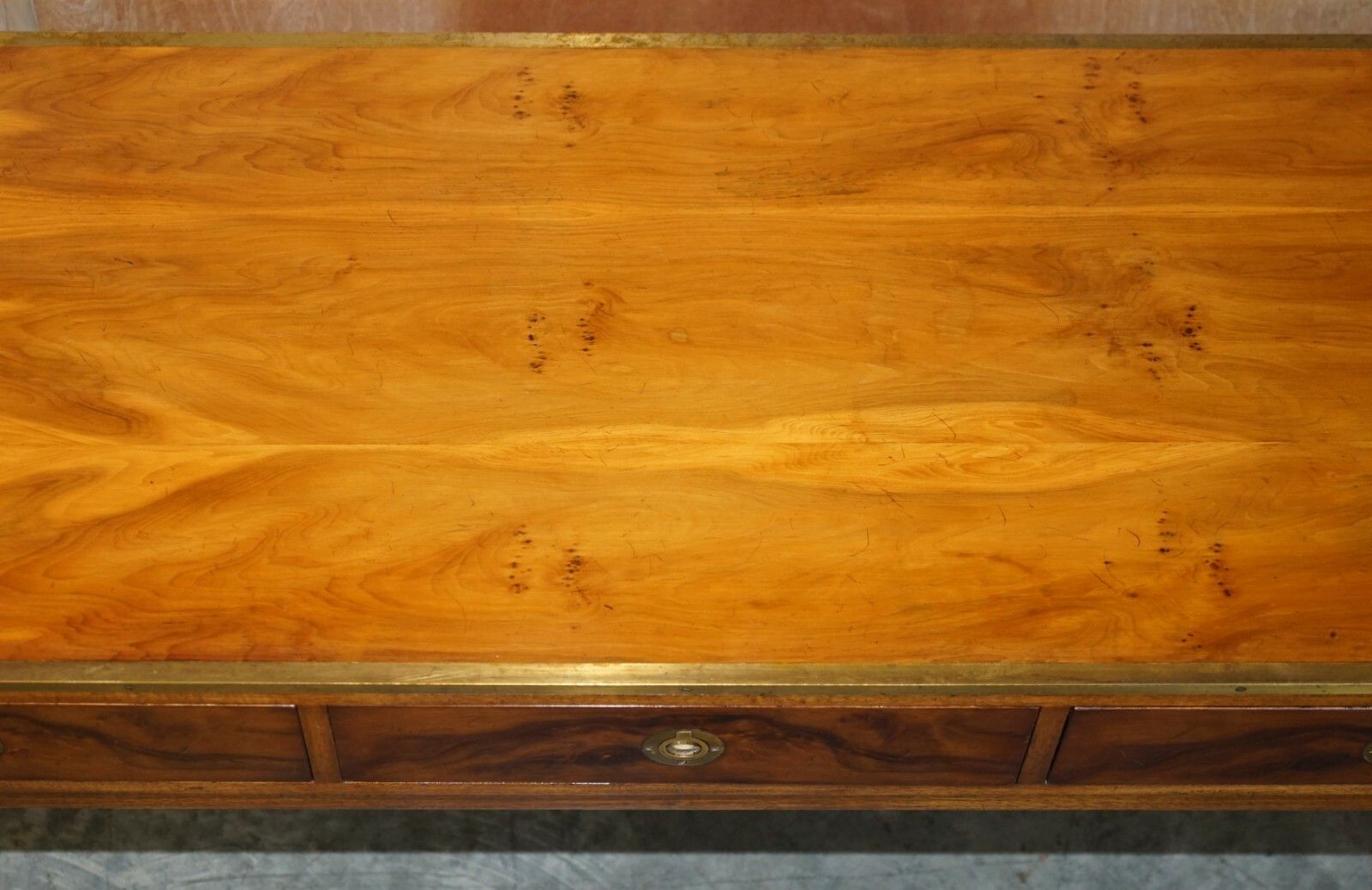 Lovely Restored Burr Walnut & Brass Military Campaign Three Drawer Coffee Table photo 1500.0